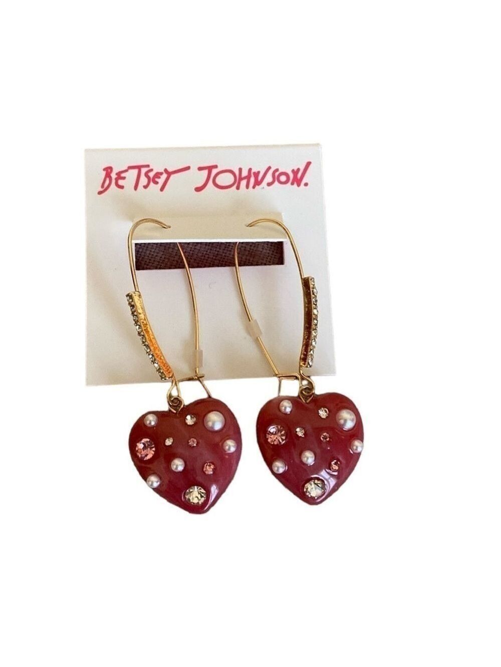 Betsey Johnson Heart Earrings Crystal Pearl Pink New